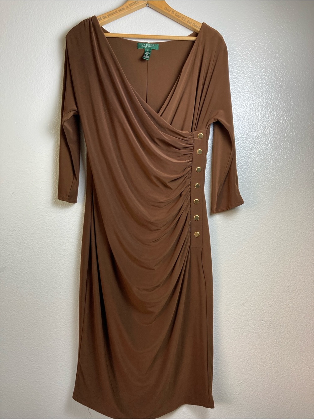 Lauren Ralph Lauren Chocolate Brown Ruched side draped 3/4 sleeve dress sz 12